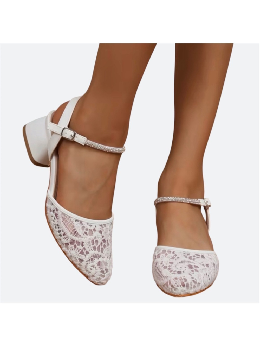 White Lace Low Block Heel Ankle Strap Wedding Shoe Sandals Size 40 - Picture 2 of 10